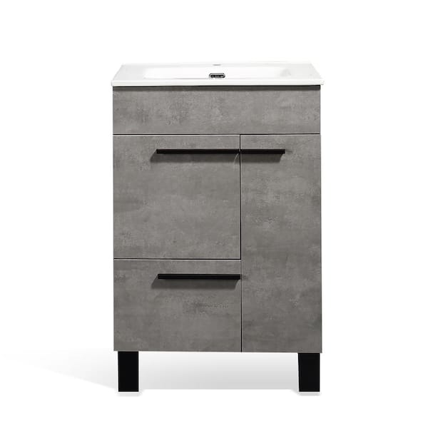 24 in. Freestanding Cement Grey Bath Vanity with White Ceramic Top Assembled