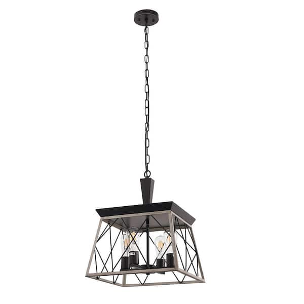 YANSUN Rustic 4-Light Farmhouse Chandelier, Black and Oak White Pendant Light for Dining Room, Kitchen, and Living Room