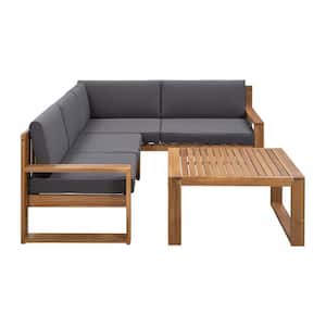 3-Piece Acacia Wood Ideal for Outdoors and Indoors Patio Sectional Set and Grey Cushions