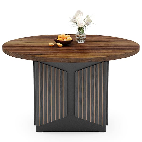 BYBLIGHT Roesler Farmhouse Brown Engineered Wood 46.85 in. Pedestal Round Dining Table Kitchen Dinner Table Seats 4