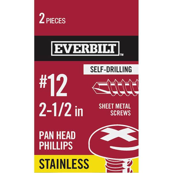 Everbilt #12 x 2-1/2 in. Stainless Steel Phillips Pan Head-Self-Drilling Sheet Metal Screws (2-Pack)