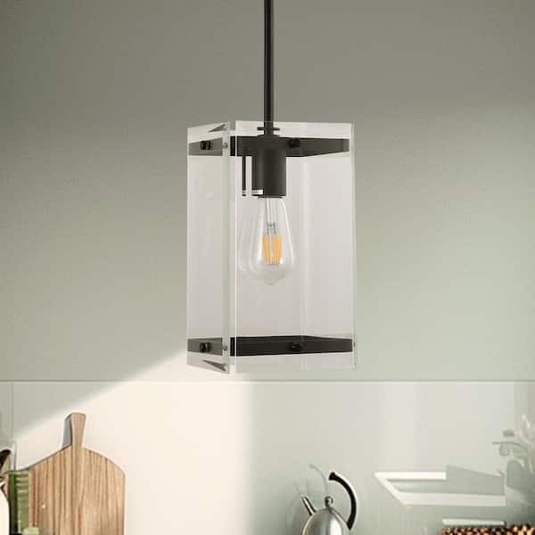 1-Light 60-Watt Black Pendant Light with Clear glass Shade for Kitchen Island and No Bulbs Included