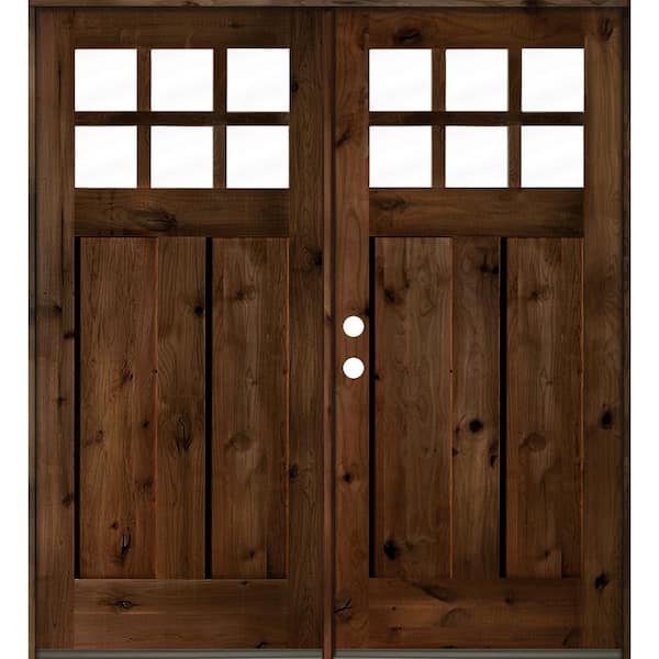 Krosswood Doors 72 in. x 80 in. Craftsman Knotty Alder Wood Clear 6-Lite Provincial Stain Right Active Double Prehung Front Door