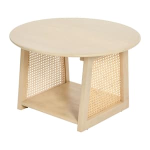 25.59 in. Blonde Finish Round Wood Top Coffee Table with Storage Shelf Woven Cane Sides