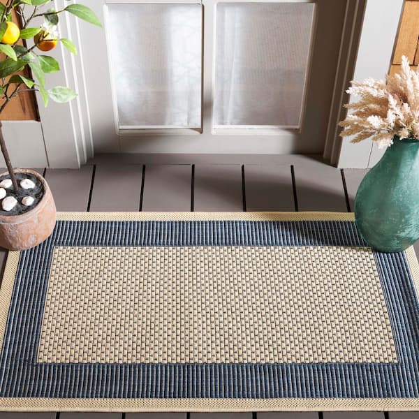 Courtyard Beige/Navy 2 ft. x 4 ft. Border Solid Color Indoor/Outdoor Area Rug