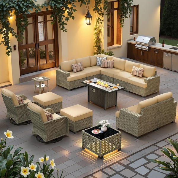 Sentinel 15-Pieces Wicker Outdoor Patio 42 in. Rectangular Fire Pit Set and Swivel Rocking Chairs with Beige Cushions