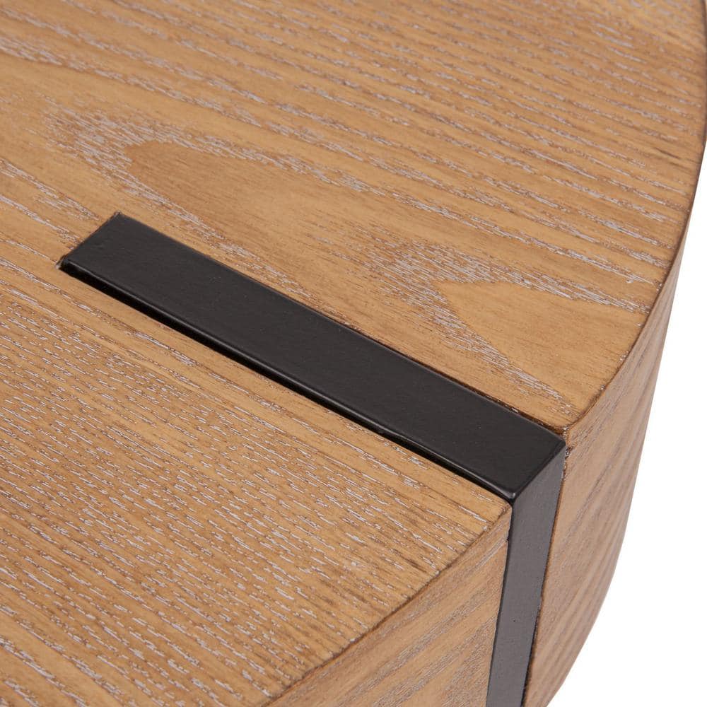 Natural Wood Round End Table with Black Metal Hairpin Legs