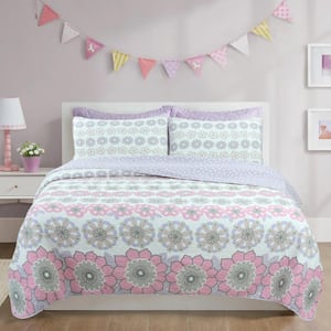 Soft Pastel Flower 3-Piece Floral Stripe Purple Gray Pink White Cotton Queen Quilt Bedding Set