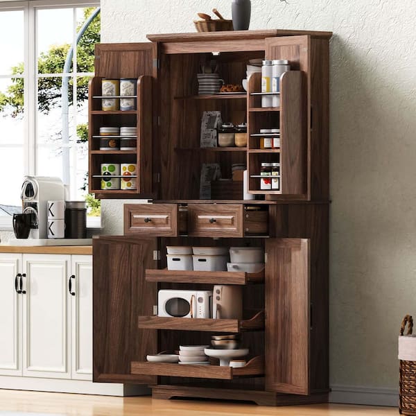 71 in. Tall Brown Wood Kitchen Pantry Cabinet with 3 Pull Out Cabinet Organizers