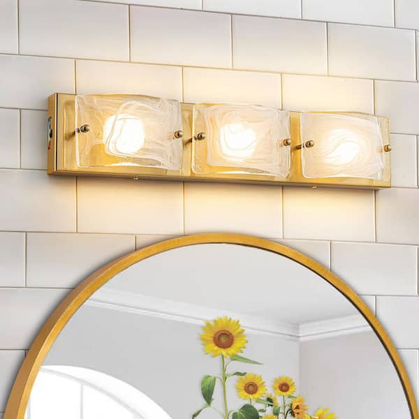 LLHZSY 22 in. 3-Light Brushed Gold Integrated LED 3 CCT Vanity Light Bar for Bathroom with Textured Glass Shade