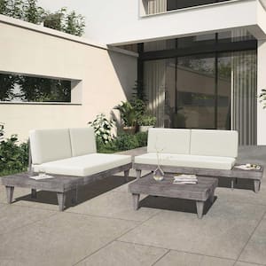 Gray 3-Piece Wood Outdoor Sectional Set with Beige Cushions, Side Table and Coffee Table
