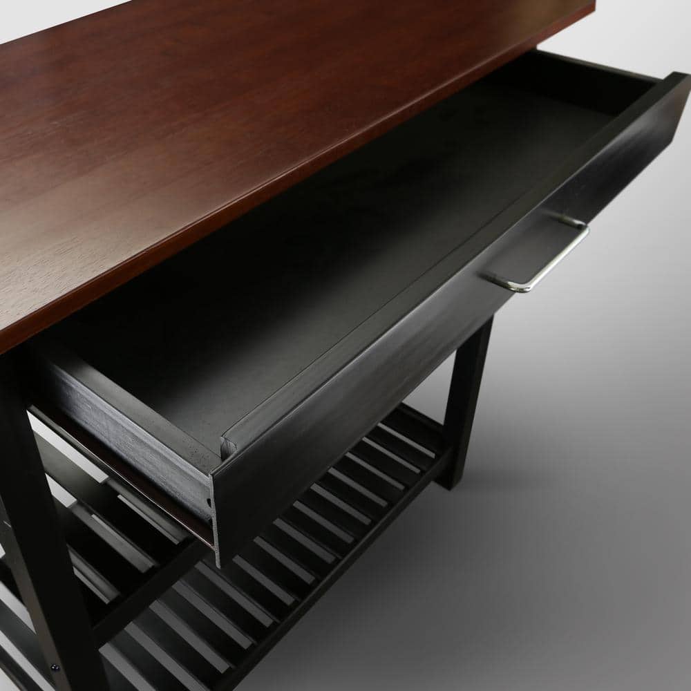 Walnut and Black Solid Wood Kitchen Island with Shelves