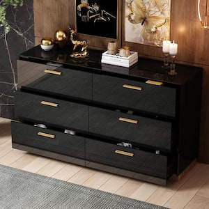 Black High Gloss Mirrored 55.1 in. W Chest of Drawers Modern Cabinet with 6 Mirrored Drawers 15.7 in. D x 31.5 in. H