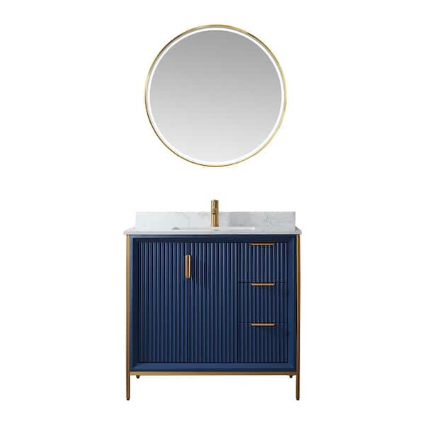 ROSWELL Granada 36 in. W x 22 in. D x 33.8 in. H Single Sink Bath Vanity in Royal Blue with White Stone Countertop and Mirror
