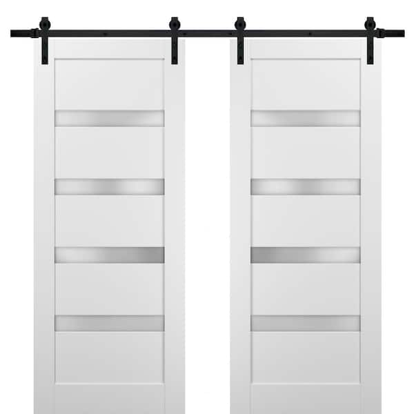 Sartodoors 64 in. x 96 in. 1-Panel 1/4 Lite Frosted Glass White Finished Solid Pine MDF Sliding Barn Door with Hardware Kit