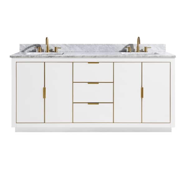 Avanity Austen 73 in. W x 22 in. D Bath Vanity in White with Gold Trim with Marble Vanity Top in Carrara White with White Basins