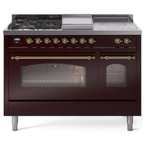 Nostalgie II 48 in. 5-Burner/Frenchtop/Griddle Freestanding Double Oven Dual Fuel Range in Burgundy with Brass