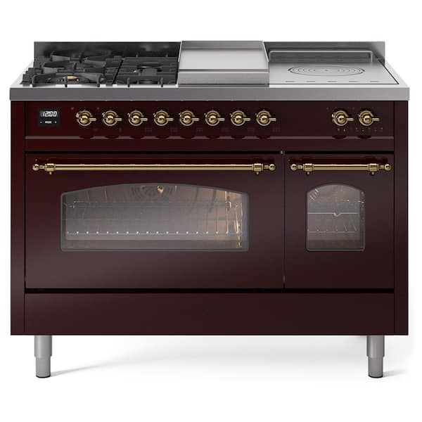 ILVE Nostalgie II 48 in. 5-Burner/Frenchtop/Griddle Freestanding Double Oven Dual Fuel Range in Burgundy with Brass
