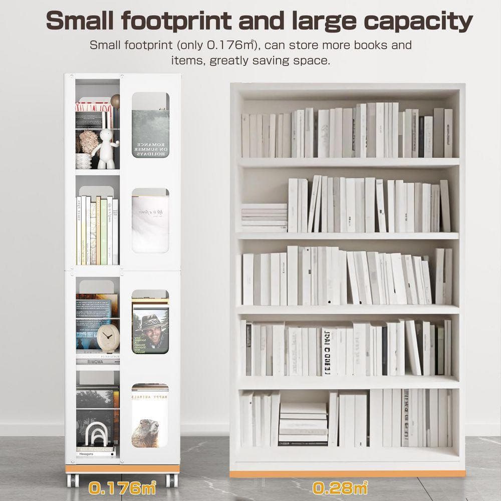 Comparison of two white rotating bookcases with different capacities.