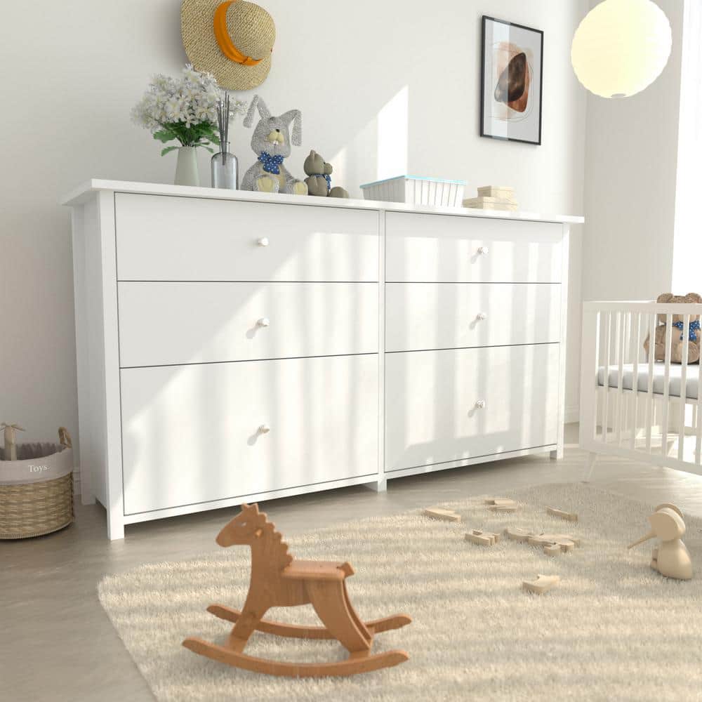 White 6-Drawer 56" Particle Board Dresser with Metal Knobs