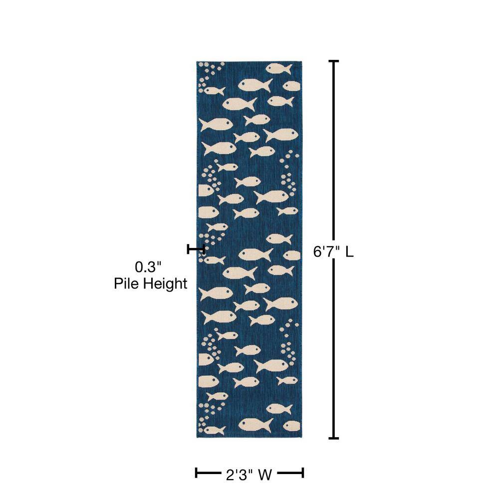 Navy and Beige Synthetic Fish Pattern Runner Rug