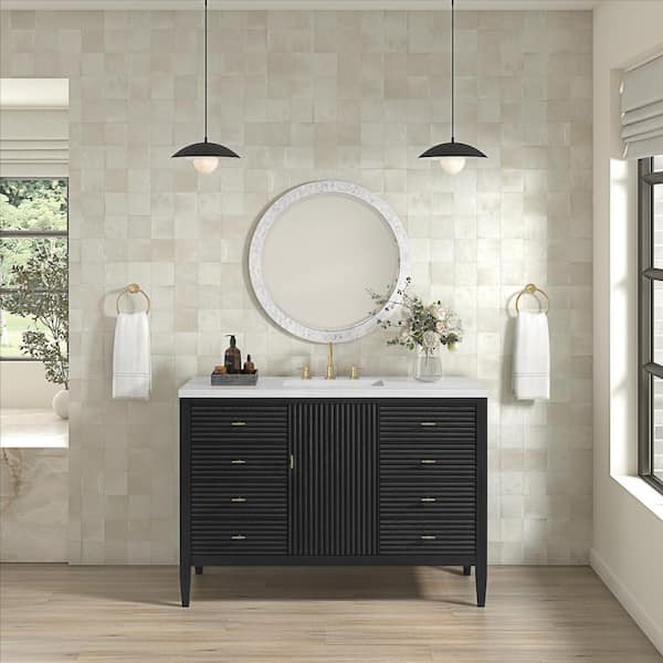 James Martin Vanities Myrrin 48.0 in. W x 23.5 in. D x 34.06 in. H Single Bathroom Vanity Carbon Oak and Arctic Fall Solid Surface Top