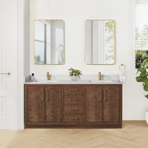 Jakarta 72 in. W. x 22 in. D x 33.9 in .H Double Bath Vanity in Aged Dark Brown Oak with Silk White Quartz Stone Top