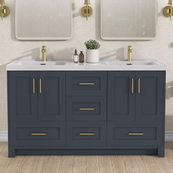 60 in. W. x 22 in. D x 35.5 in. H Freestanding Double Sink Bath Vanity Cabinet in Navy Blue with White Solid Surface Top