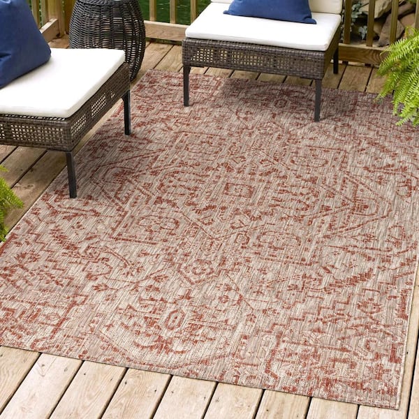 Estrella Bohemian Medallion Textured Weave Red/Taupe 9 ft. x 12 ft. Indoor/Outdoor Area Rug