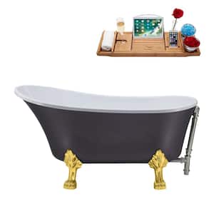 55 in. Acrylic Clawfoot Non-Whirlpool Bathtub in Matte Grey With Polished Gold Clawfeet And Brushed Nickel Drain