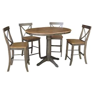 Olivia 5-Piece 36 in. Hickory/Coal Extendable Solid Wood Counter Height Dining Set with Alexa Stools