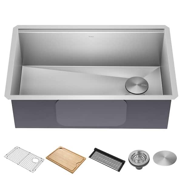 KRAUS Kore 30 in. Undermount Single Bowl 16 Gauge Stainless Steel Kitchen Workstation Sink w/Integrated Ledge and Accessories