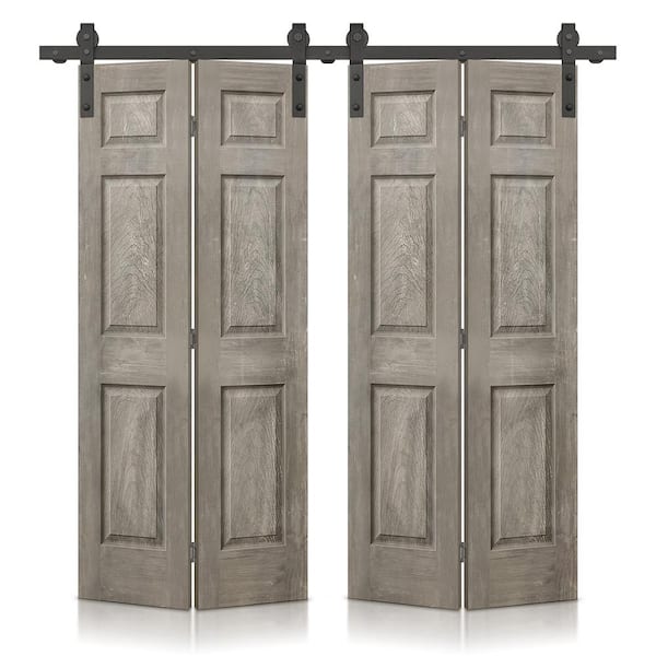 CALHOME 48 in. x 80 in. Vintage Gray Stain 6 Panel MDF Double Hollow Core Bi-Fold Barn Door with Sliding Hardware Kit