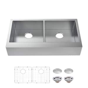 Professional 36 in. Farmhouse/Apron-Front 50/50 Double Bowl 16 Gauge Stainless Steel Kitchen Sink with Accessories
