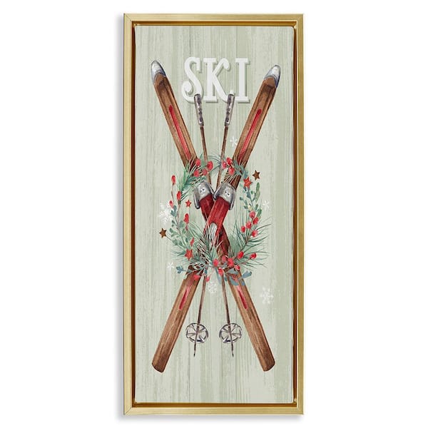 Stupell Industries Rustic Winter Skis by Courtney Morgenstern 1-Piece Floater Frame Graphic Print Nature Poster Art Print 31 in. x 15 in.