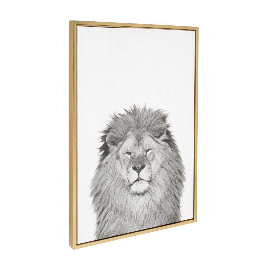 23" x 33" Gold Framed Black and White Lion Canvas Print