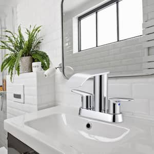 4 in. Centerset Double-Handle Waterfall Bathroom Sink Faucet Stainless Steel with Pop Up Drain Kit in Chrome