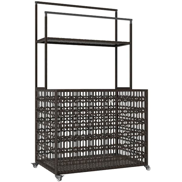 Outsunny 203.41 Gal. Brown Wicker Pool Float Storage Organizer, PE Rattan Deck Box with Basket Shelf Towel Bars, Brown