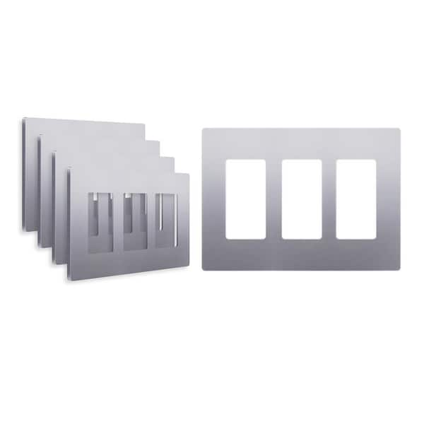 ENERLITES 3-Gang Decorator/Rocker Plastic Screwless Wall Plate, Silver (5-Pack)