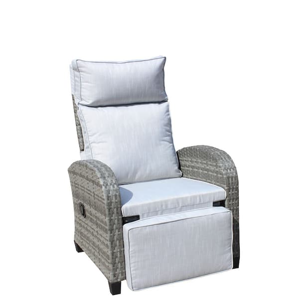 Unbranded Wicker Outdoor Recliner Chair w/ Grey Cushion Patio Chaise Lounge with Adjustable Backrest and Armrests for Pool Balcony