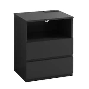 Black Wood Nightsand, End Table with Charging Station and 2 Drawers