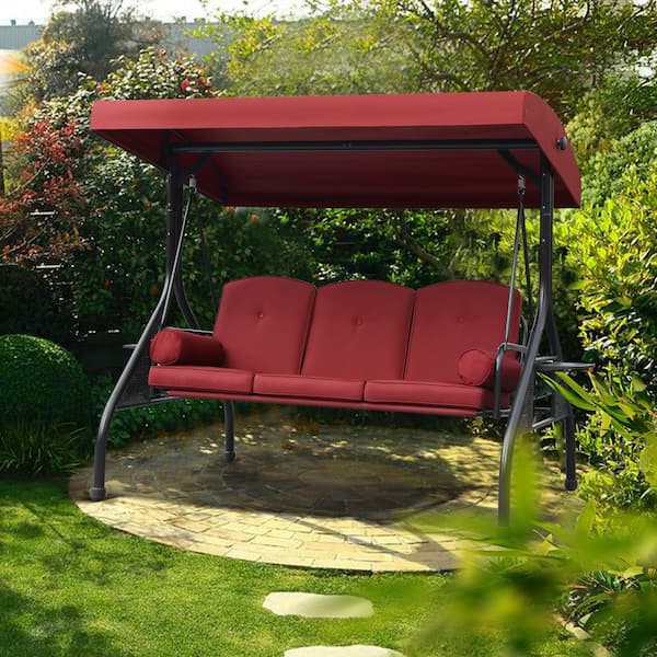 NOBLEMOOD 3-Seat Outdoor Metal Patio Swing with Adjustable Canopy, 2 Foldable Side Trays, Cushions and Pillows, Wine Red