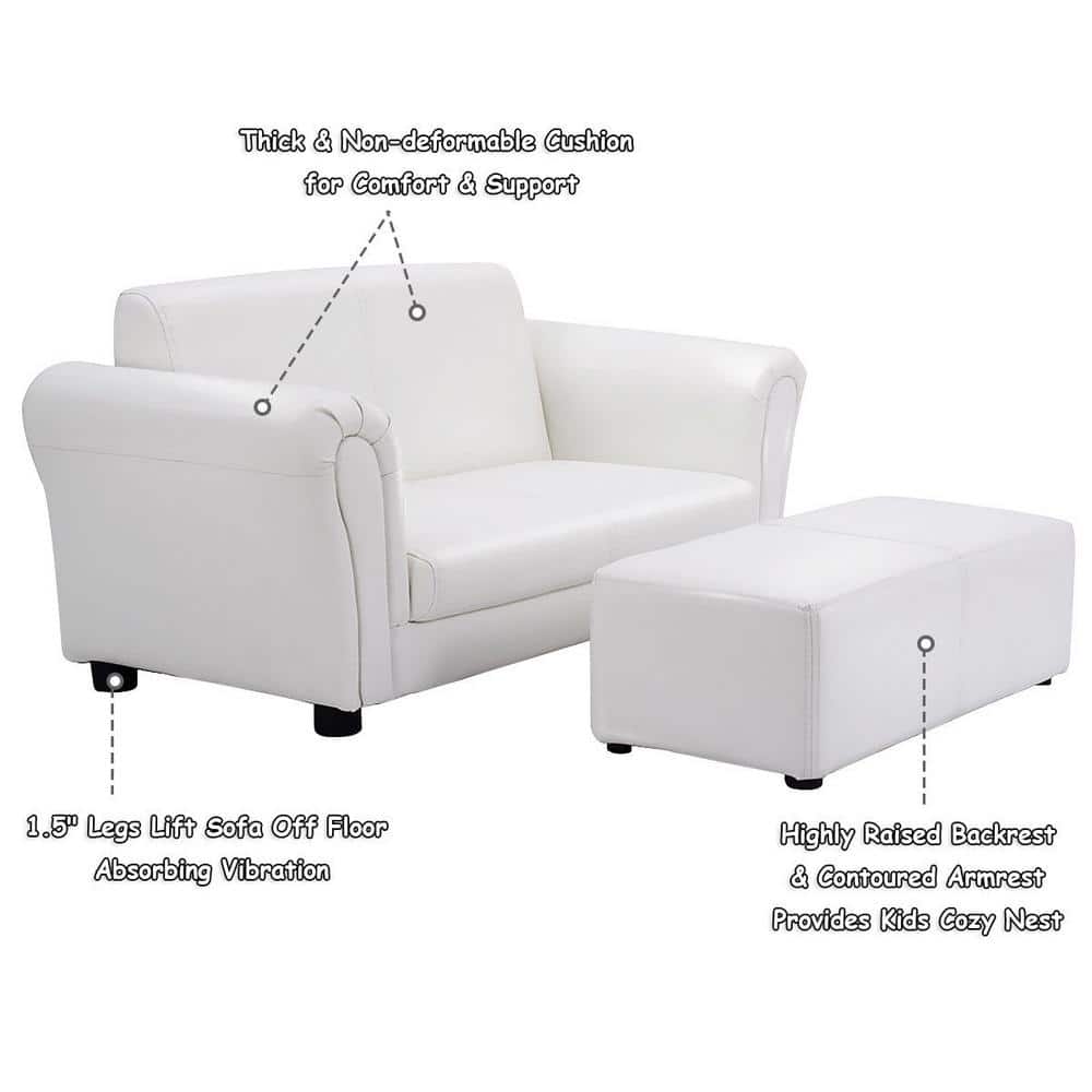 White Faux Leather Kids Armchair with Ottoman and Wood Frame
