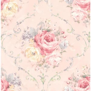 Framed Bouquet Pink and Rose and Yellow Vinyl Peel and Stick Strippable Wallpaper Roll (Cover 30.75 sq. ft. )