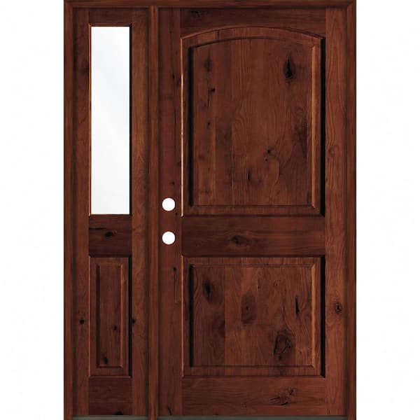 56 in. x 80 in. Knotty Alder 2 Panel Right-Hand/Inswing Clear Glass Red Mahogany Stain Wood Prehung Front Door LHSL