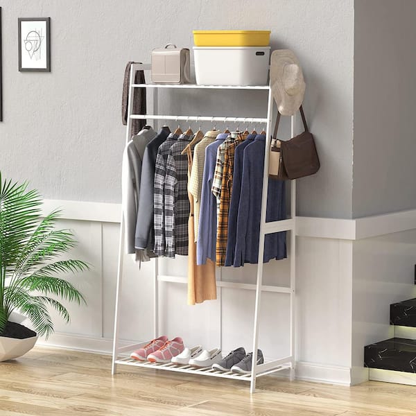 Clothing Rack, Clothes Rack with 3 Wood Shelves, Freestanding Clothing  Rack, Easy to Assemble Garment Rack, Standing Metal Sturdy Clothing Rack, Small  Space Storage Solution, White 