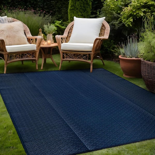 Navy 10 ft. x 14 ft. Jewel Diamond Geometric Washable Trellis Reversible Indoor Outdoor Area Rug