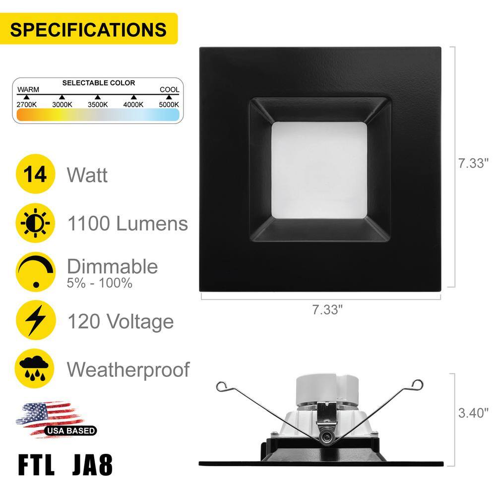 Black Aluminum Square LED Retrofit Recessed Light 5/6 Inch