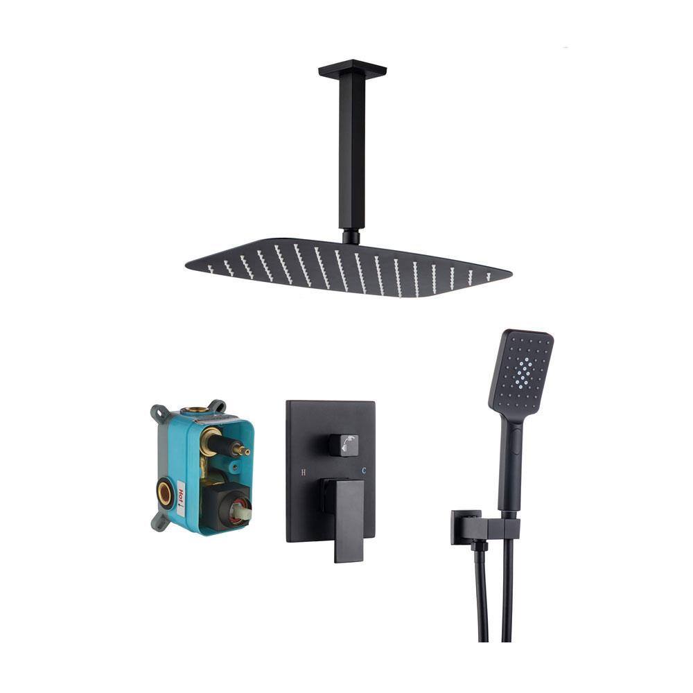 Single-Handle 1-Spray 12 in. Ceiling Shower Head Square High Pressure Shower Faucet in Matte Black (Valve Included) price history on PriceWatchPro