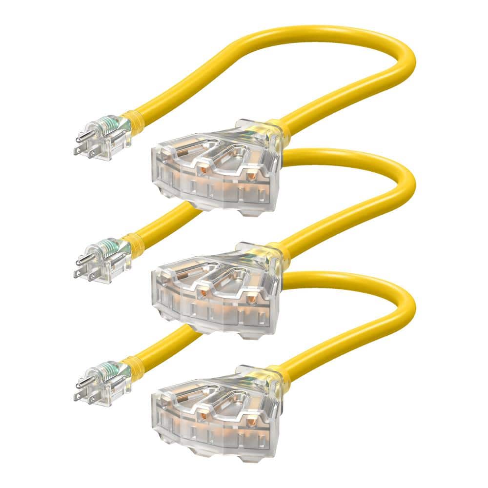 2 ft. 12/3C SJTW Indoor/Outdoor Extension Cord with Tri-Tap Splitter and LED Lighted Plug, Yellow (3-Pack) price history on PriceWatchPro